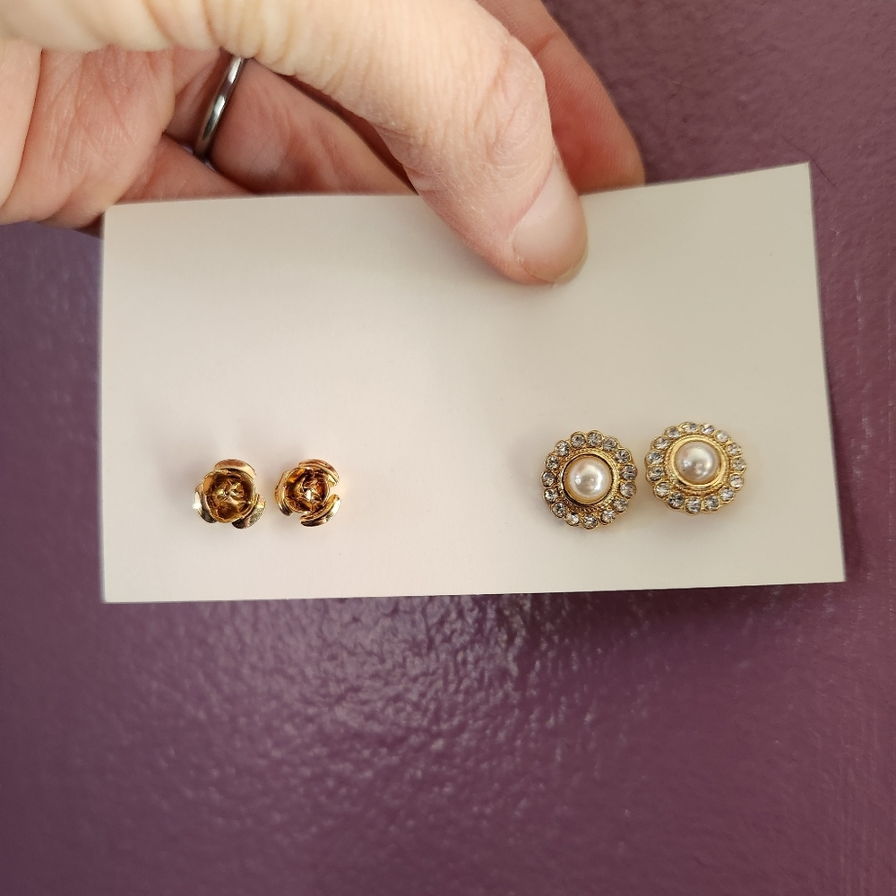 Set of dress up earrings, gold tone rose and pearl surrounded by rhinestones